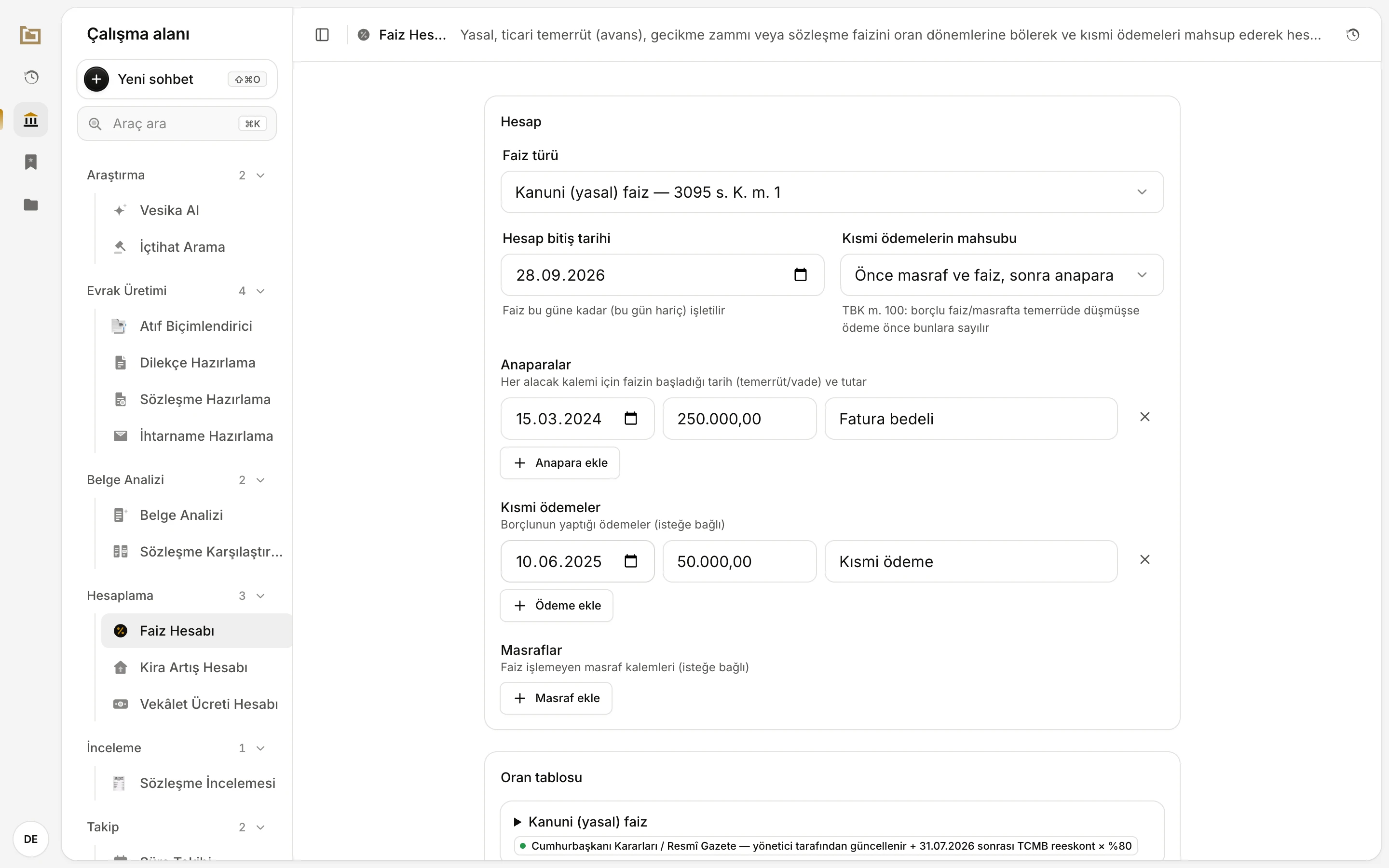 Interest calculator: opened from the Calculation group of the workspace, with a principal and a partial payment entered