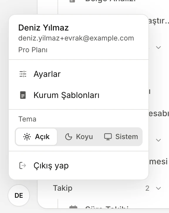 The profile menu open: Kurum Şablonları below Ayarlar