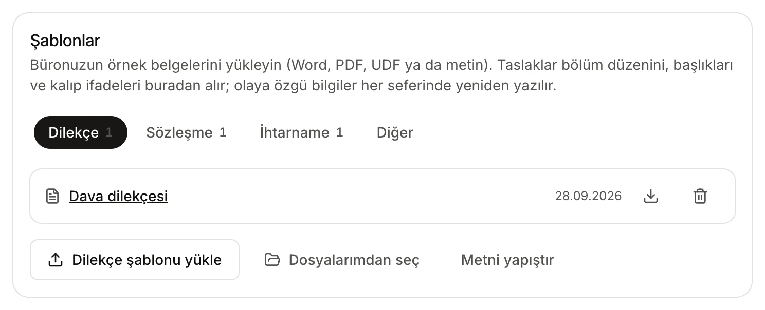 The Şablonlar card: a saved template on the Dilekçe tab, template counts on the tabs