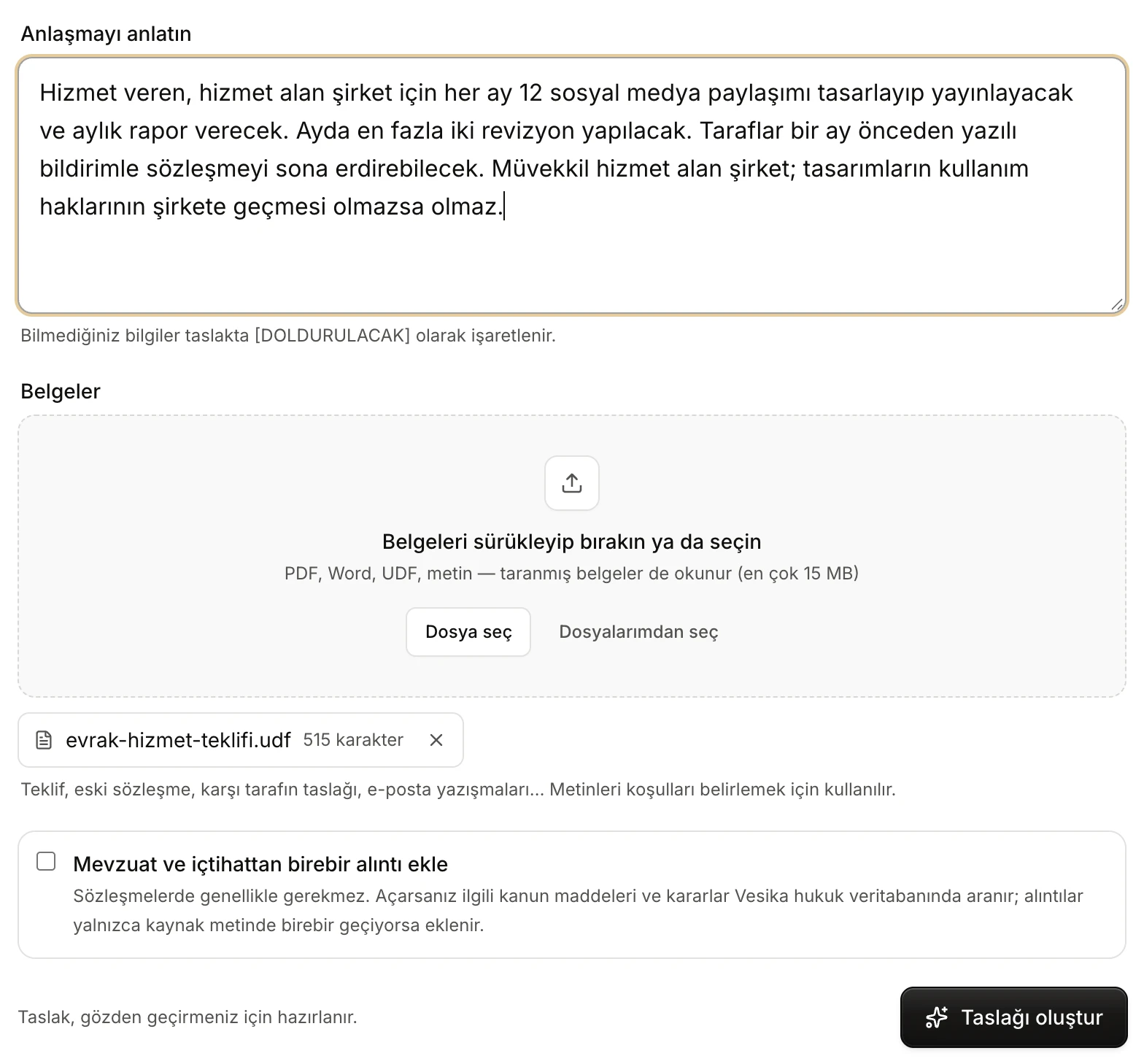 Contract drafting: the description of the agreement, an attached services offer, the unticked quotation option and the Taslağı oluştur button