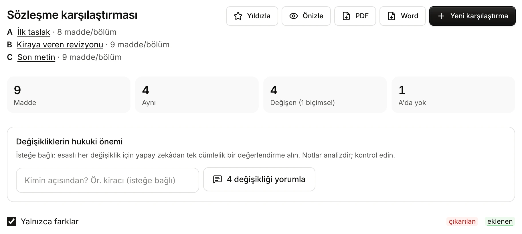 Top of the results page: versions, action buttons, summary figures, the Legal significance of the changes section and the Differences only option