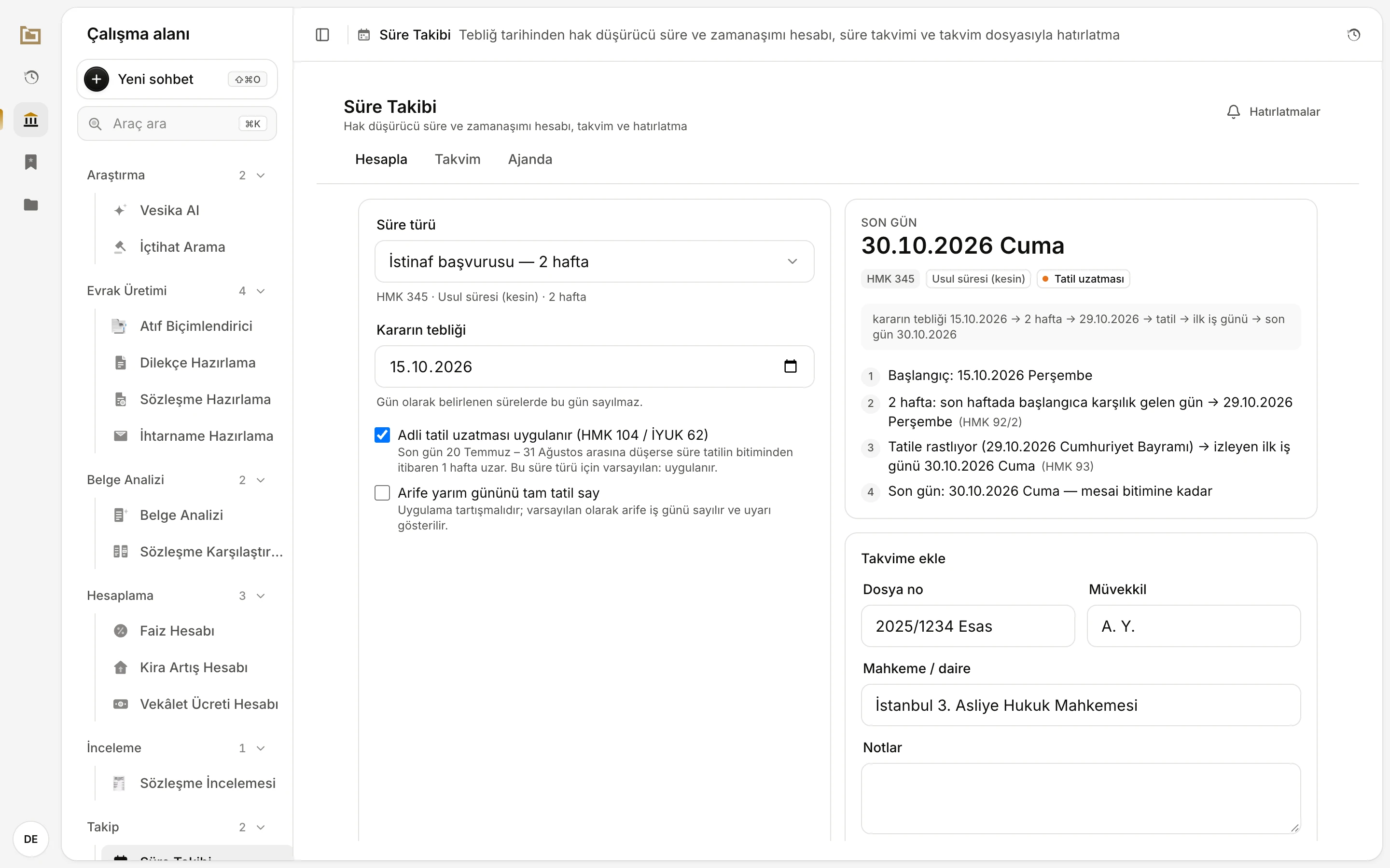 Deadline tracking, Calculate tab: appeal selected, service of the judgment on 15.10.2026, last day computed as Friday 30.10.2026