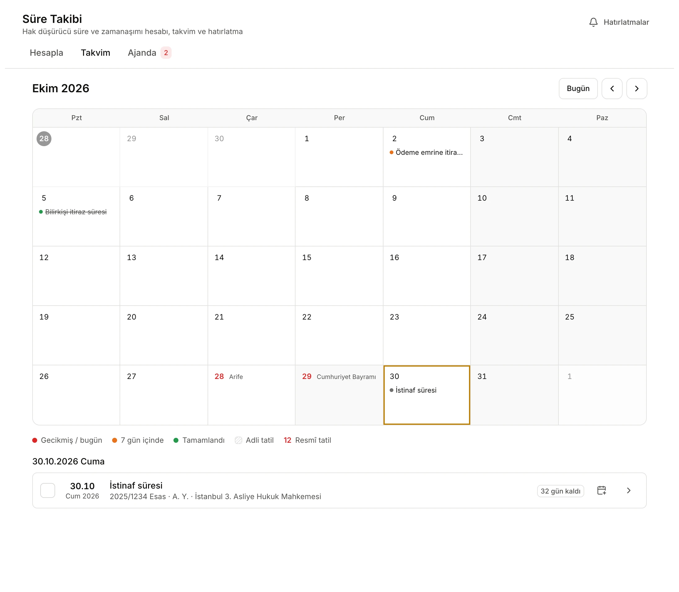 Calendar, October 2026: 29 October marked as an official holiday, the appeal deadline on 30 October, the selected day's deadlines below