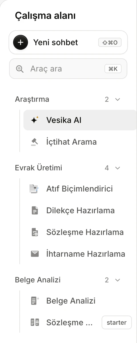 The workspace list: a starter label next to the Sözleşme Karşılaştırma row