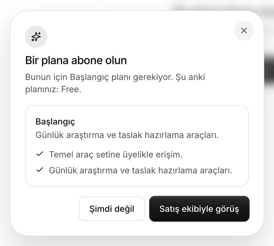 The 'Bir plana abone olun' window: Başlangıç needed, current plan Free