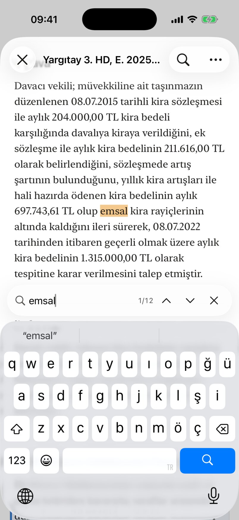 Find in text: the first of 12 results for 'emsal' highlighted; the search field, the 1/12 counter, previous/next and close buttons at the bottom