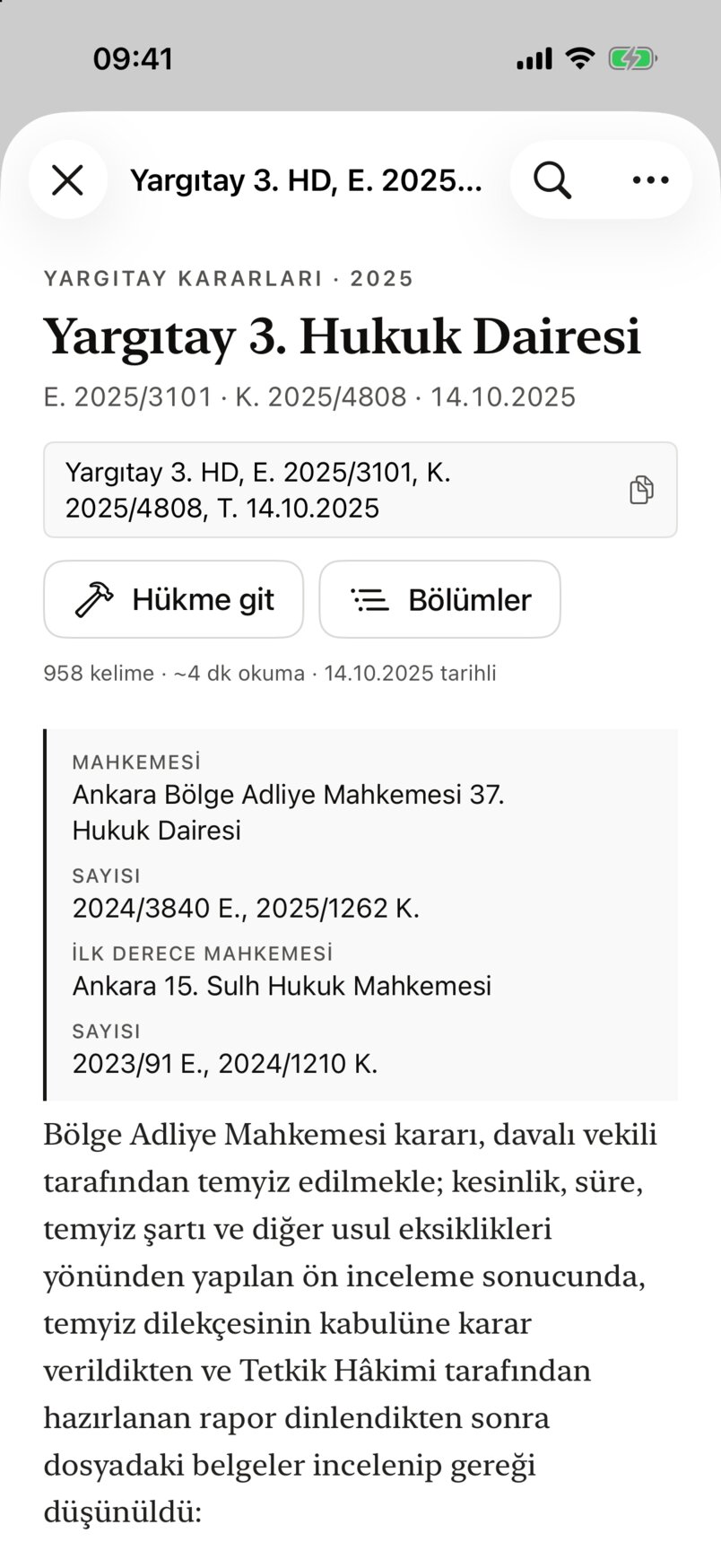 A Yargıtay 3rd Civil Chamber decision in the reader: title, case and decision numbers, the citation box, the Hükme git and Bölümler buttons, the statistics line and the court details