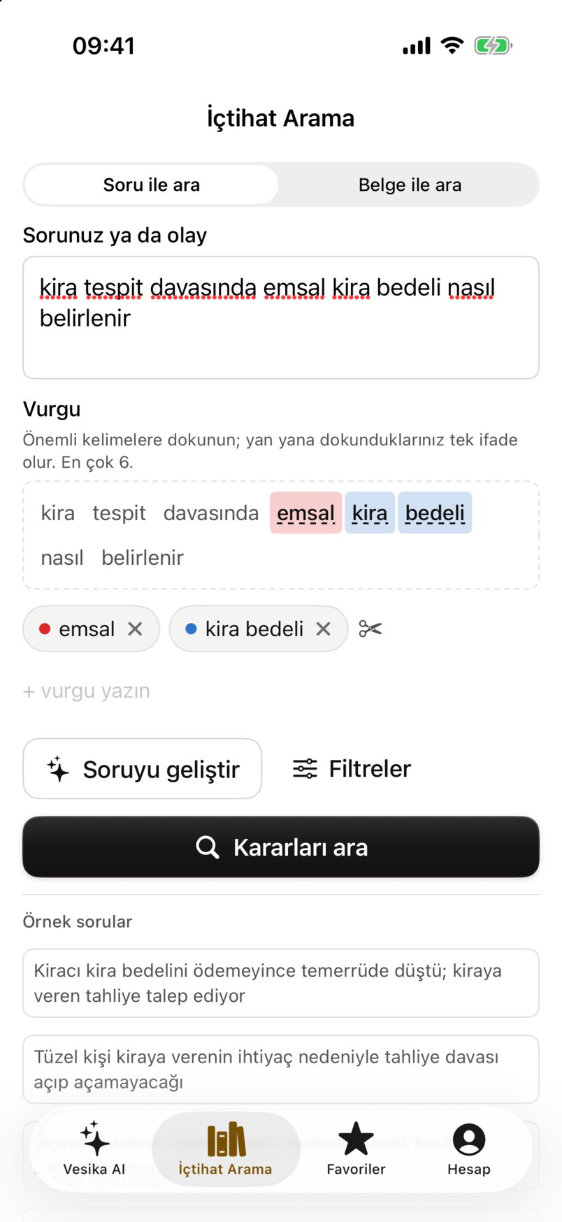 Picking emphasis: the question field, coloured words in the word box, red and blue emphasis chips, the + vurgu yazın field and the Kararları ara button