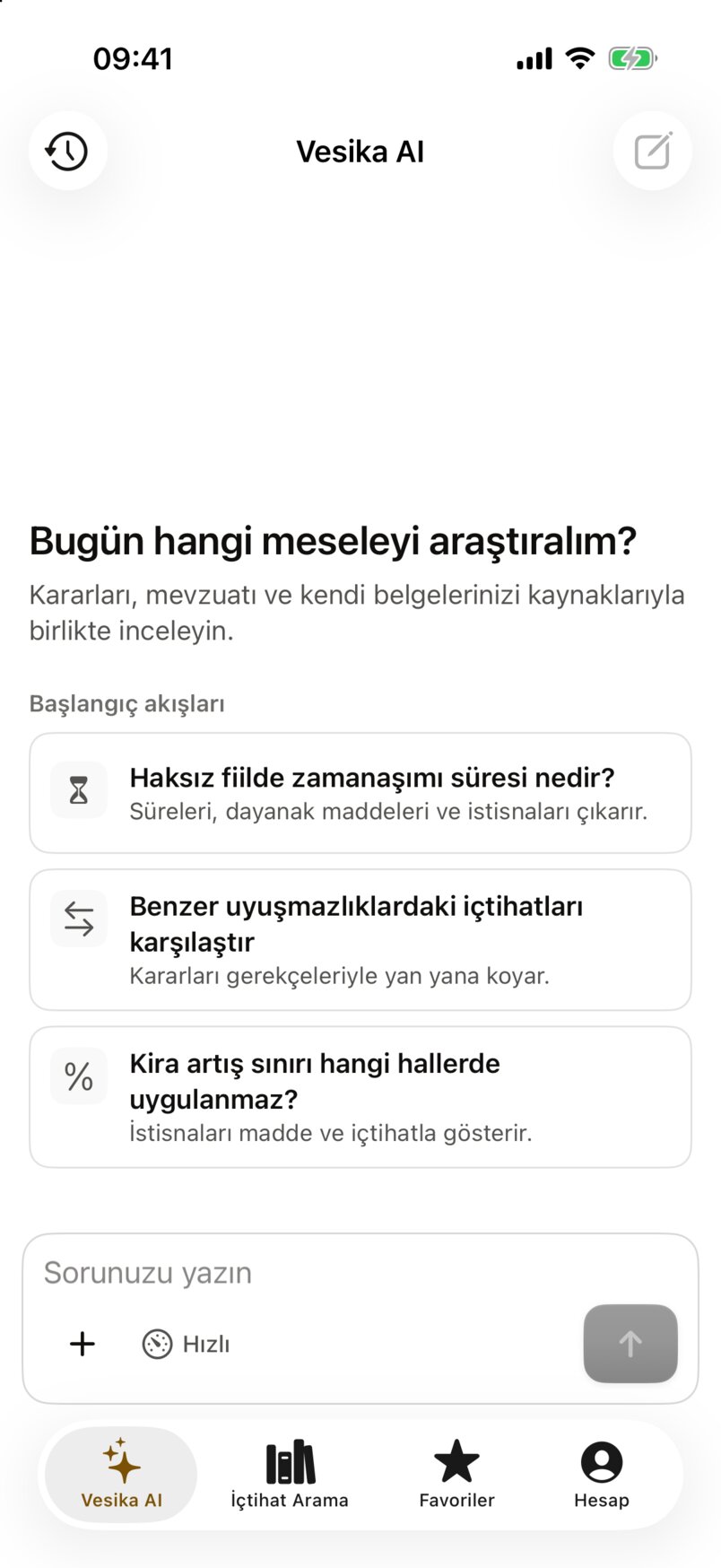 The app's Vesika AI tab; at the bottom the Vesika AI, İçtihat Arama, Favoriler and Hesap tabs