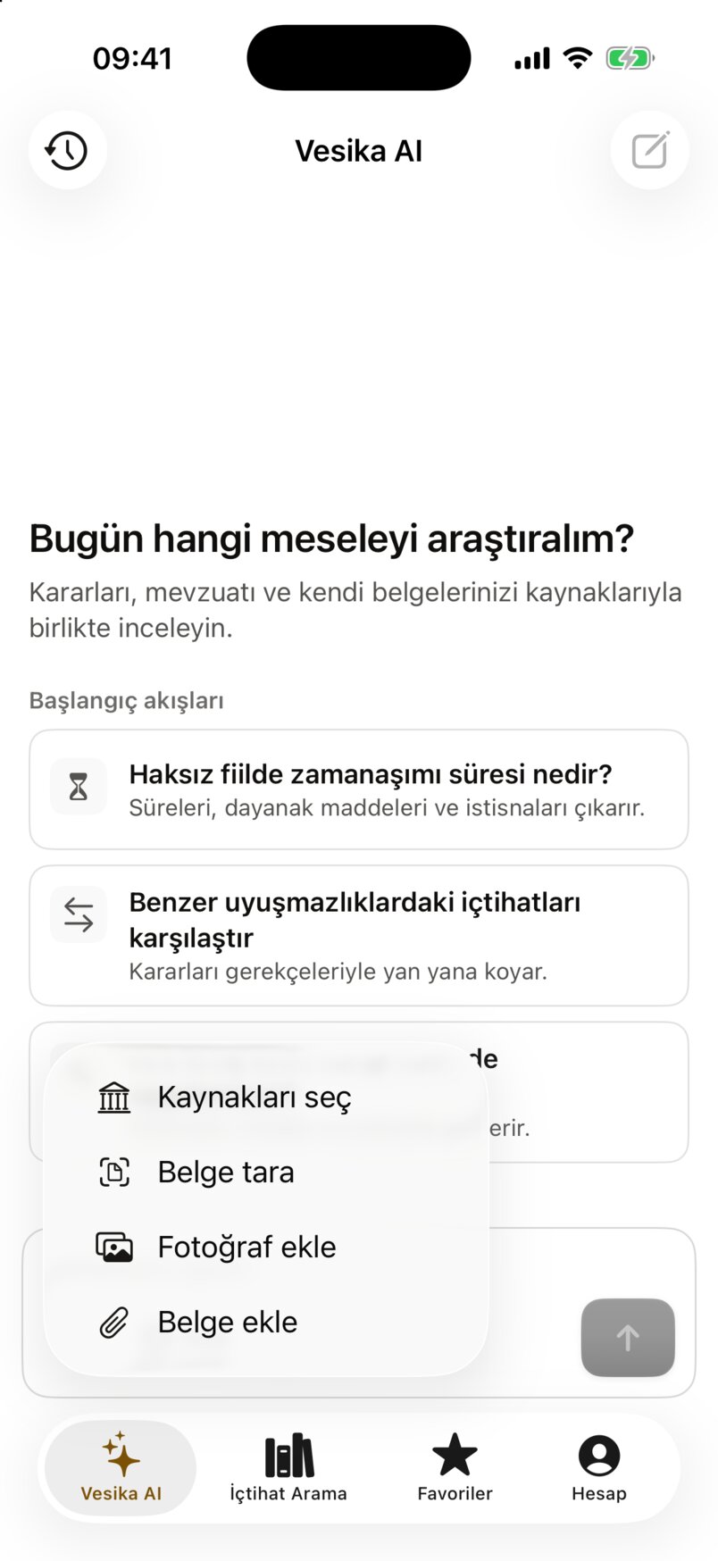 The Soruya ekle menu: Kaynakları seç, Belge tara, Fotoğraf ekle, Belge ekle