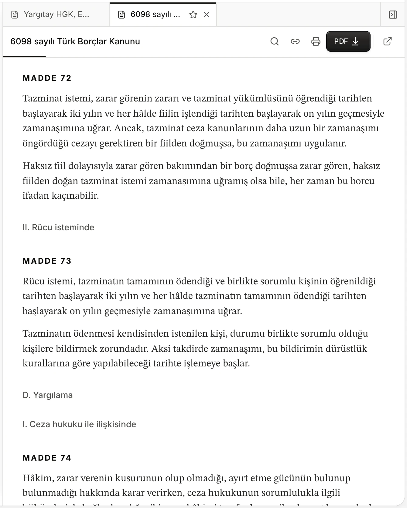 The Turkish Code of Obligations open in the side panel, article 72 highlighted