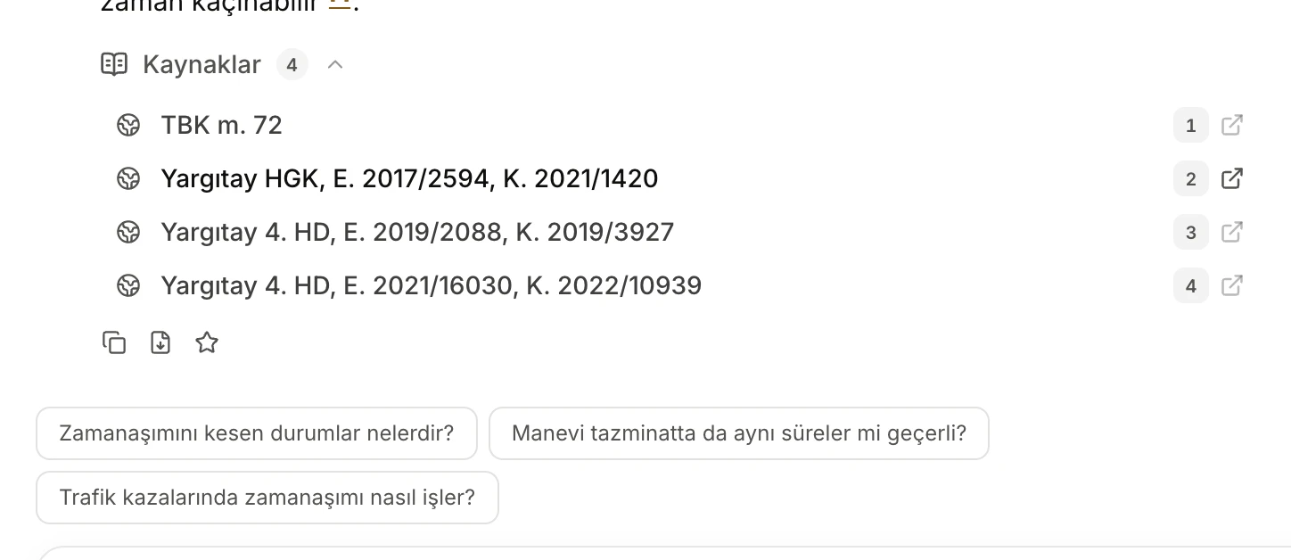 The fully opened Kaynaklar list, with copy, PDF and star buttons below it and follow-up questions at the bottom