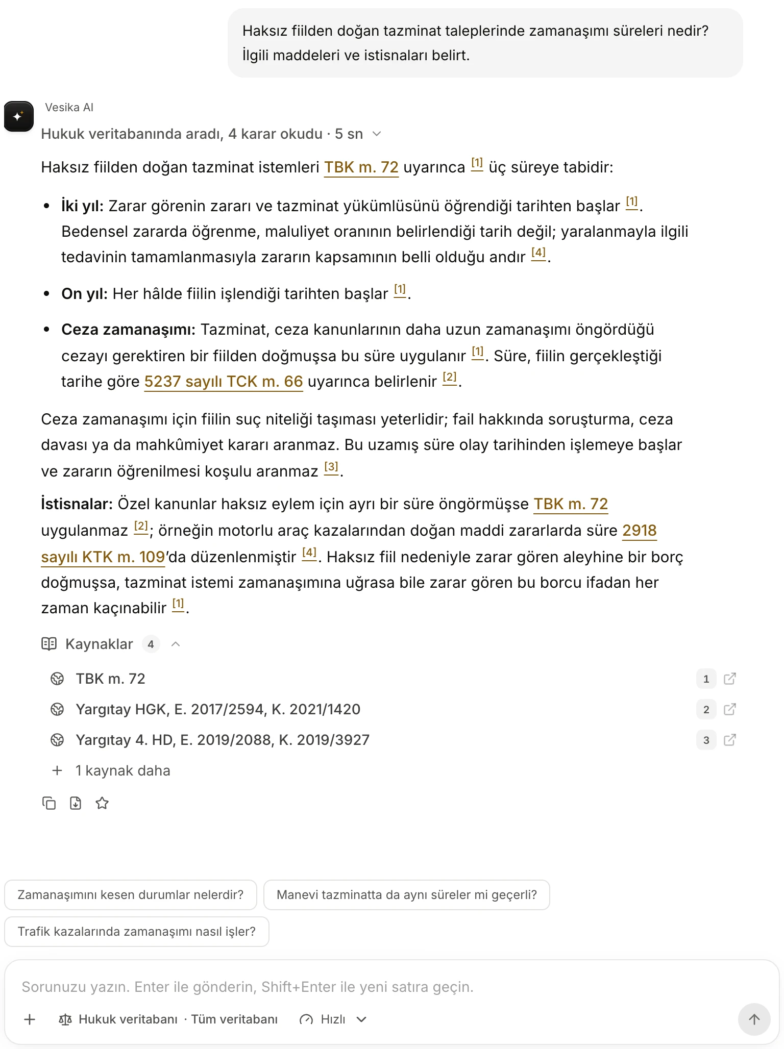 A finished answer: activity summary, TBK m. 72 link, numbered citations, Kaynaklar list with four sources, answer buttons and follow-up questions