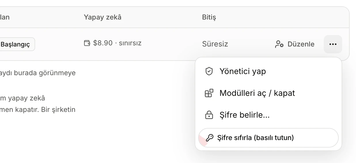 A user's more actions menu: Make administrator, Turn modules on / off, Set password, Reset password (hold)