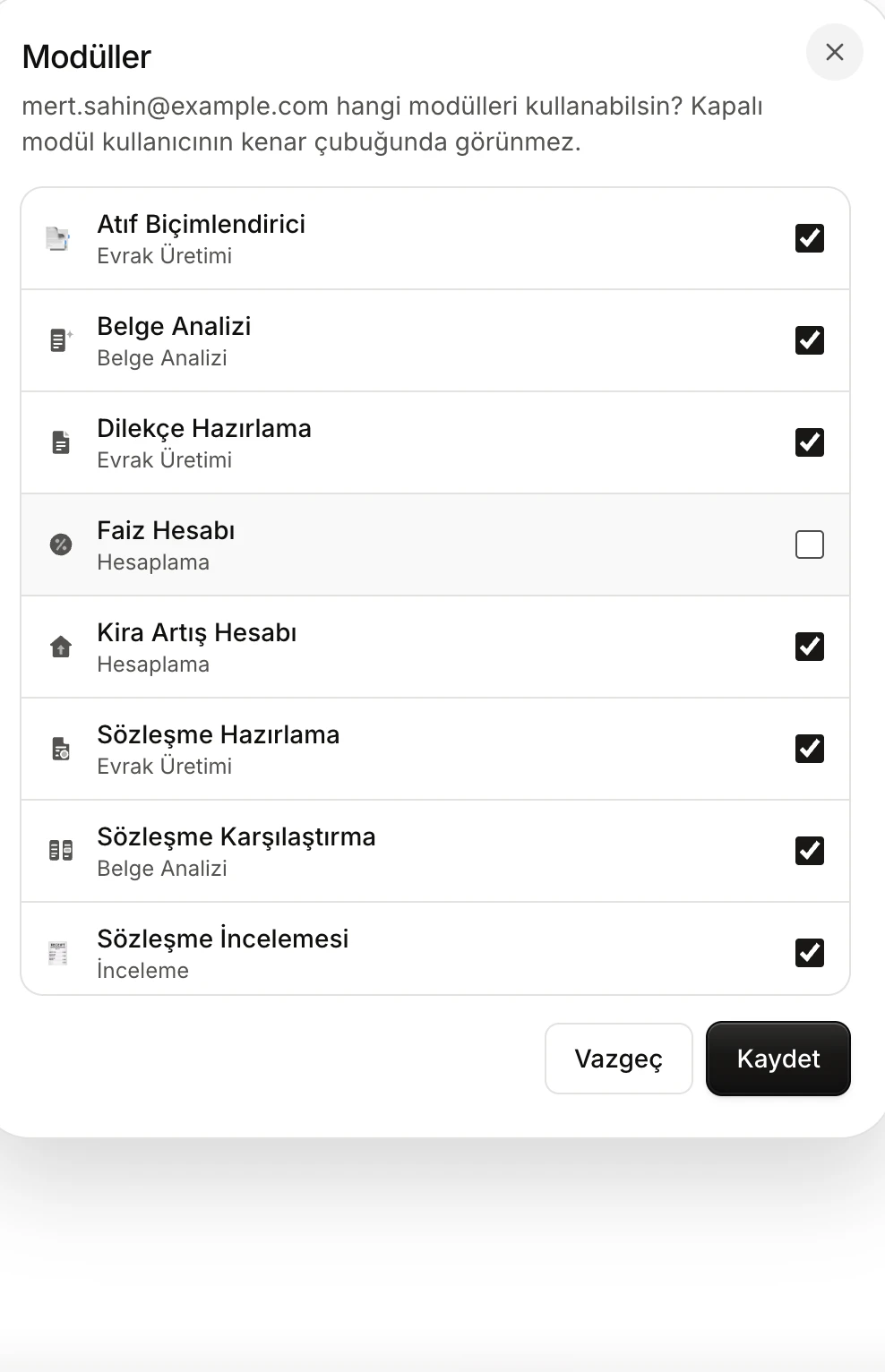 The Modules window: the published modules, each with an on/off box; Faiz Hesabı is off