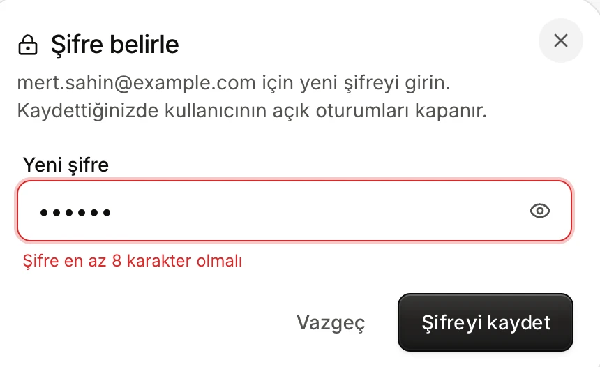 The Set password window: a six-character password has been entered and the message Password must be at least 8 characters is shown