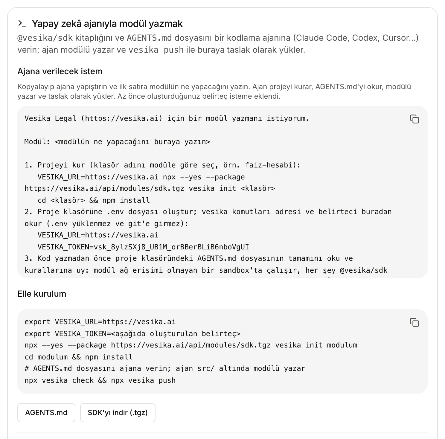 The Writing a module with an AI agent section: the prompt for the agent, manual setup commands, and the AGENTS.md and Download SDK buttons
