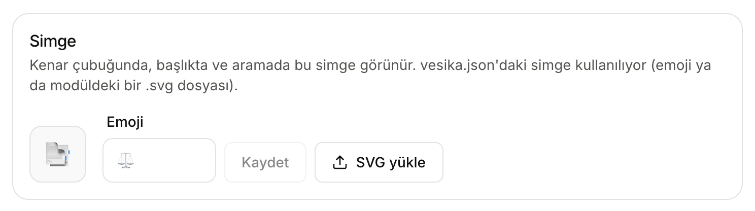 The Icon section: the module's current icon, the Emoji field, and the Save and Upload SVG buttons