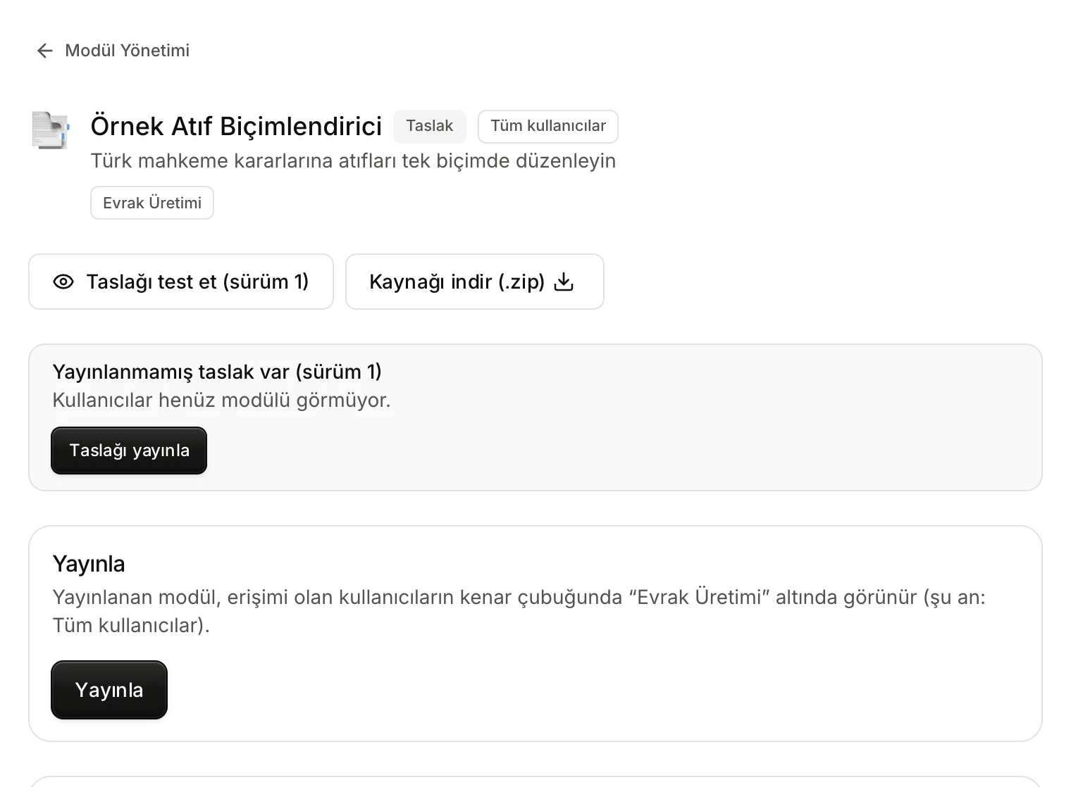 The top of a draft module's settings page: name, Draft and All users badges, the Test the draft and Download source buttons, the unpublished draft notice and the Publish section