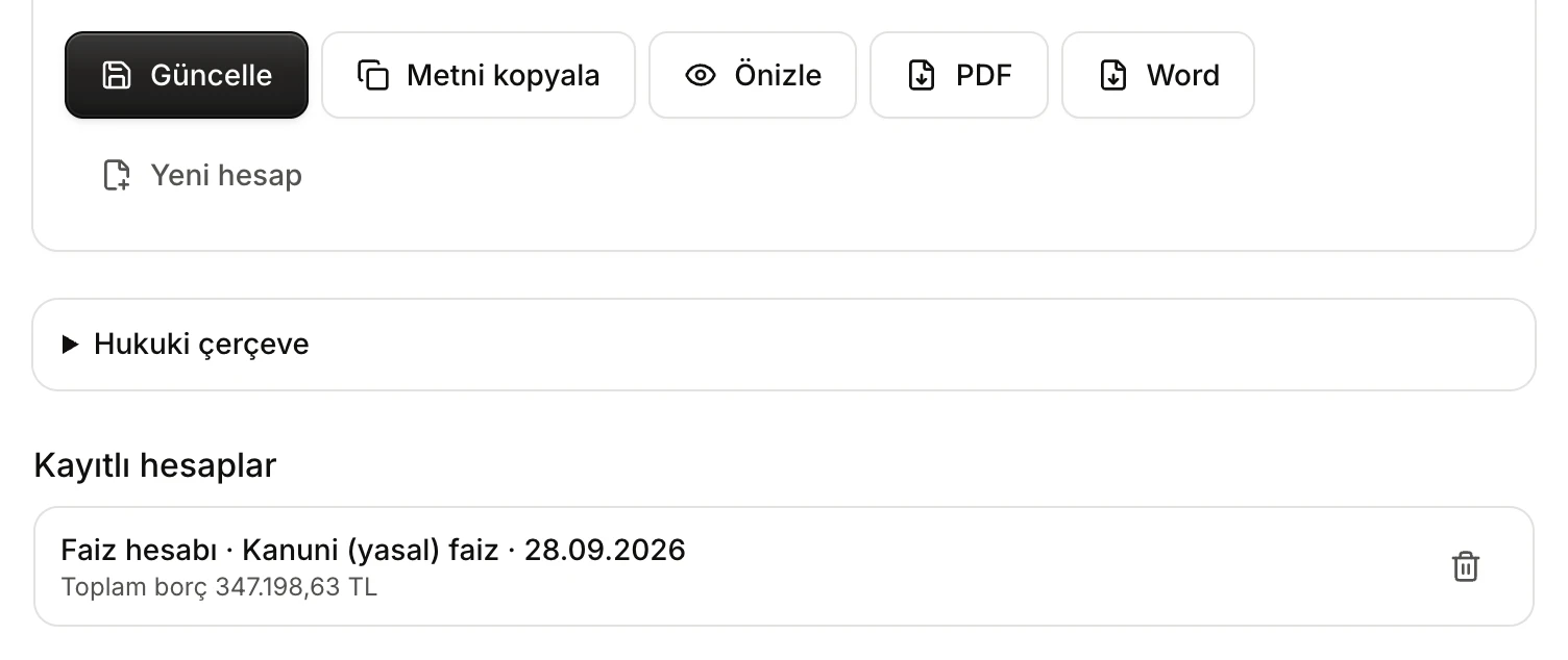 Kaydedildikten sonra Güncelle düğmesi ve Kayıtlı hesaplar listesindeki faiz hesabı