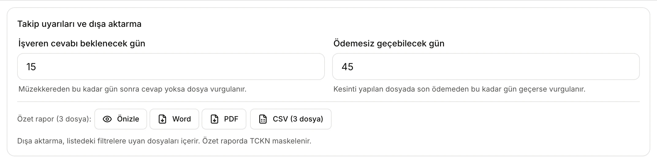 Takip uyarıları ve dışa aktarma kartı: 15 ve 45 günlük eşikler, özet rapor ve CSV düğmeleri