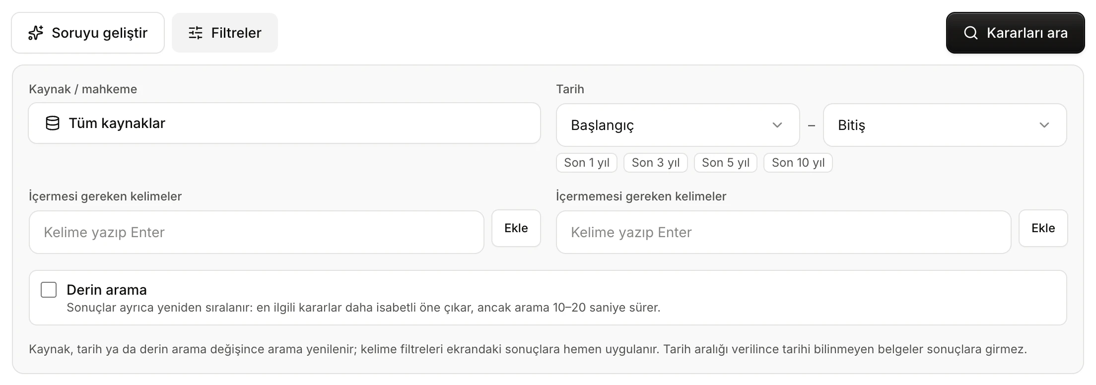 Filtre paneli: Kaynak / mahkeme, Tarih, İçermesi gereken kelimeler, İçermemesi gereken kelimeler ve Derin arama