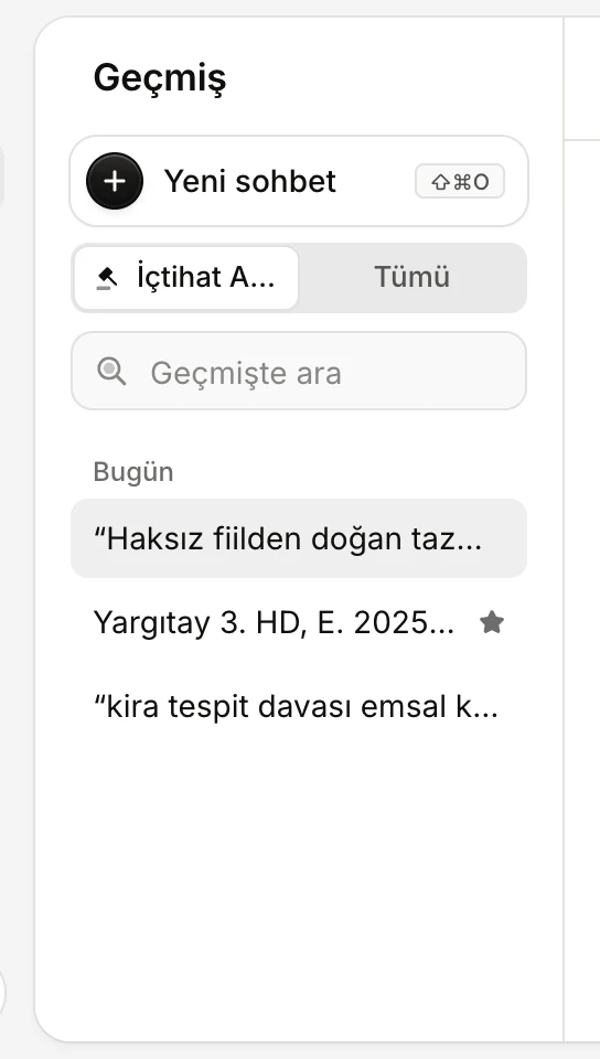 Geçmiş paneli: İçtihat Arama ve Tümü seçimi, iki arama kaydı ve yıldızlı bir karar
