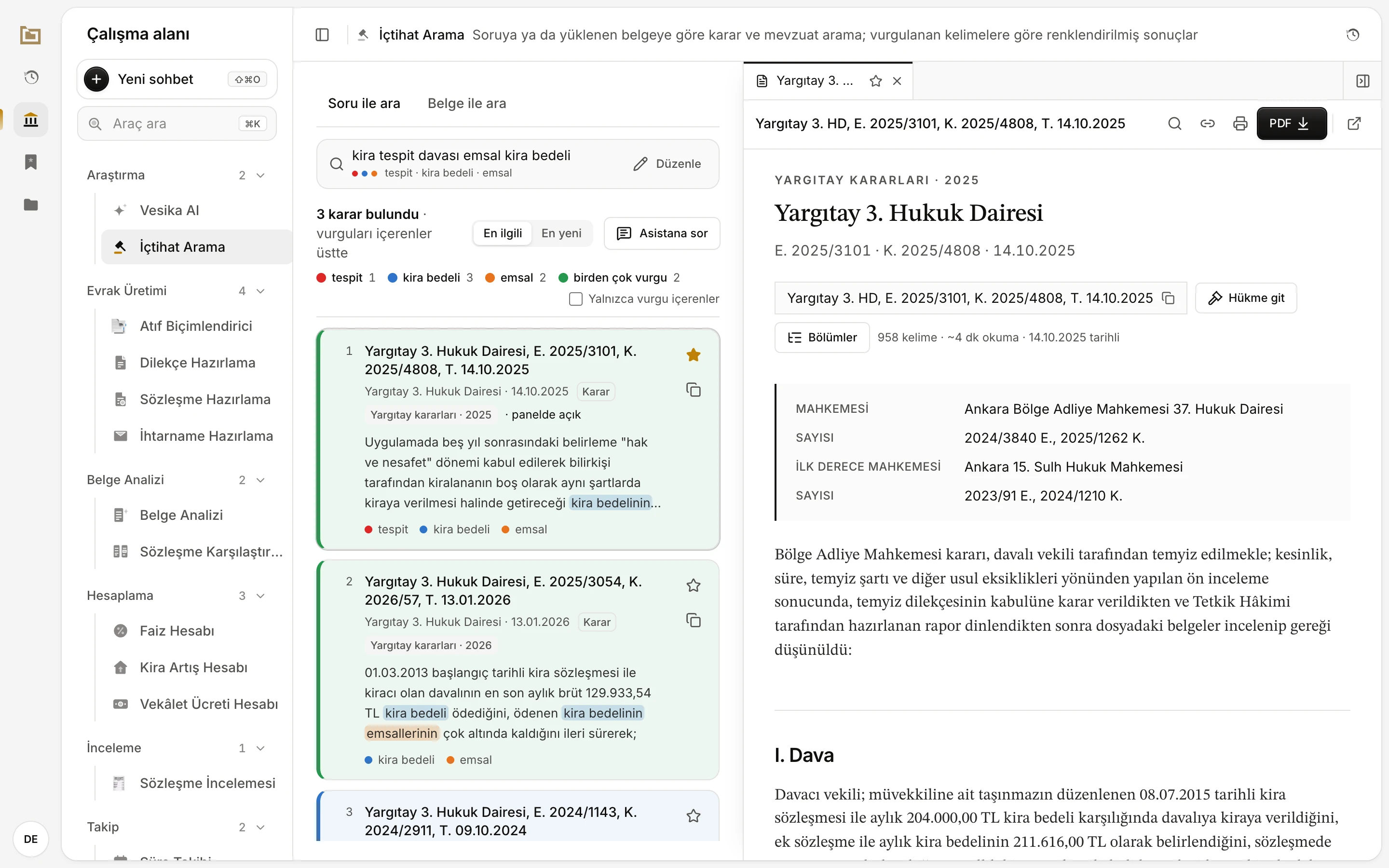 Karar yan panelde açık: solda sonuç listesi, sağda Yargıtay 3. Hukuk Dairesi kararının metni