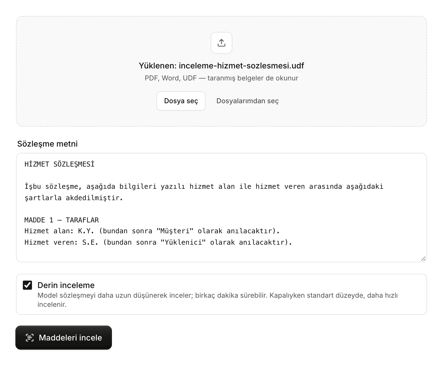 Sözleşme İncelemesi: yüklenen hizmet sözleşmesinin metni Sözleşme metni alanında, altında Derin inceleme seçeneği ve Maddeleri incele düğmesi
