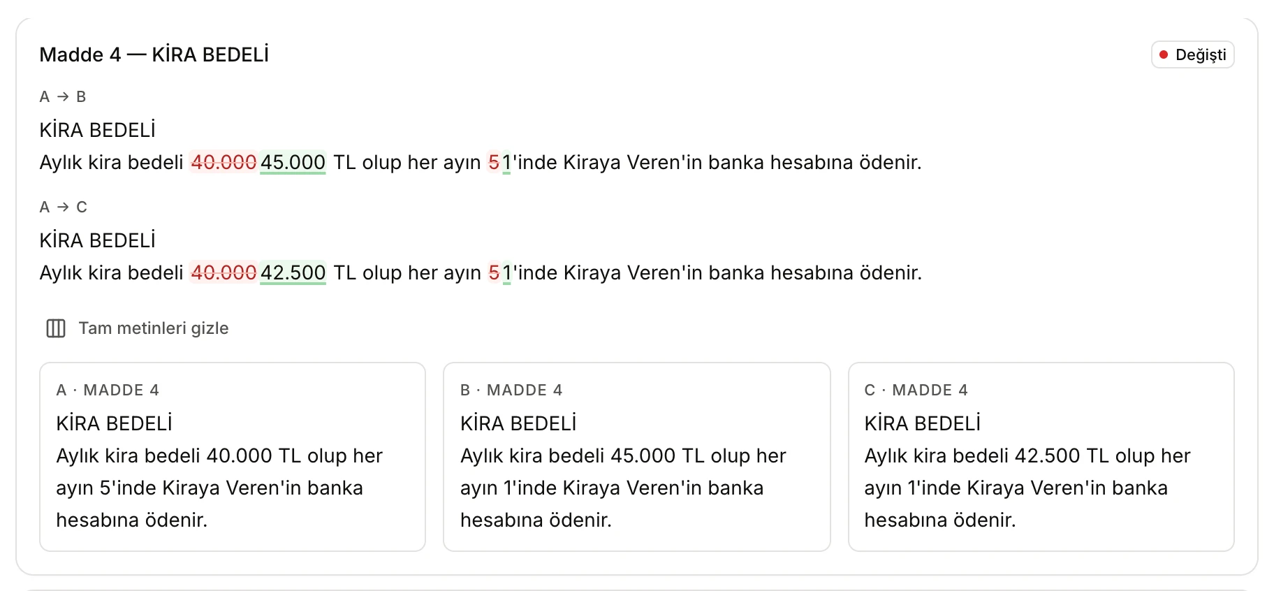 Madde 4'ün A, B ve C sürümlerindeki tam metinleri üç sütunda