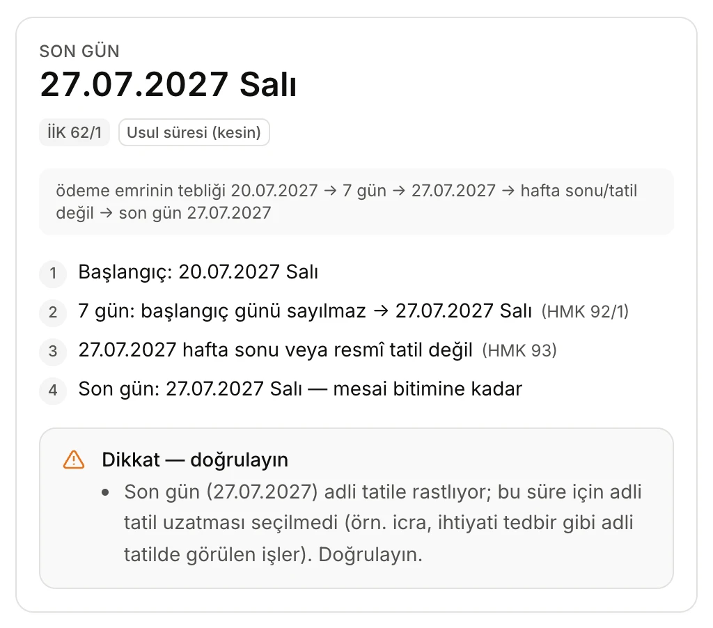 Ödeme emrine itiraz süresi: son gün 27.07.2027 adli tatile rastlıyor, altta Dikkat — doğrulayın uyarısı