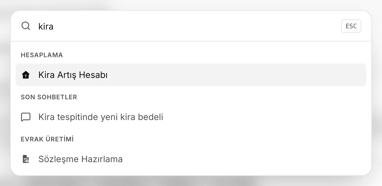 Araç ara penceresi: 'kira' araması; Kira Artış Hesabı, 'Kira tespitinde yeni kira bedeli' sohbeti ve Sözleşme Hazırlama sonuçları