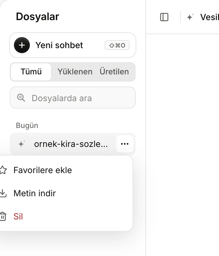 Bir metin dosyasının menüsü: Favorilere ekle, Metin indir ve Sil