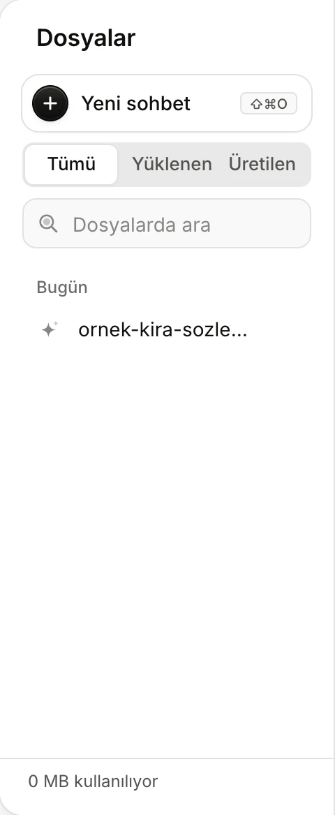 Dosyalar paneli: Tümü, Yüklenen ve Üretilen seçimi, Dosyalarda ara kutusu, bir dosya satırı ve altta '0 MB kullanılıyor'