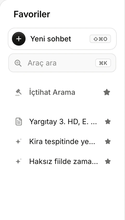 Favoriler paneli: yıldızlı İçtihat Arama aracı; altında yıldızlı bir Yargıtay kararı, bir sohbet ve bir yanıt