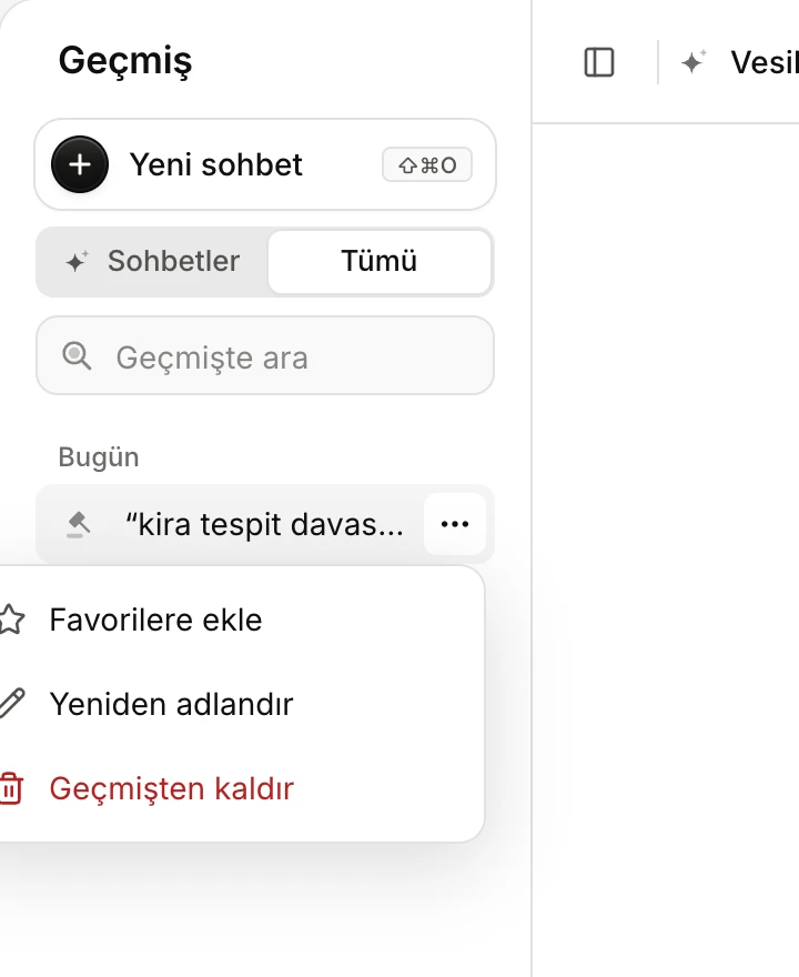 Bir içtihat araması satırının menüsü: Favorilere ekle, Yeniden adlandır ve Geçmişten kaldır