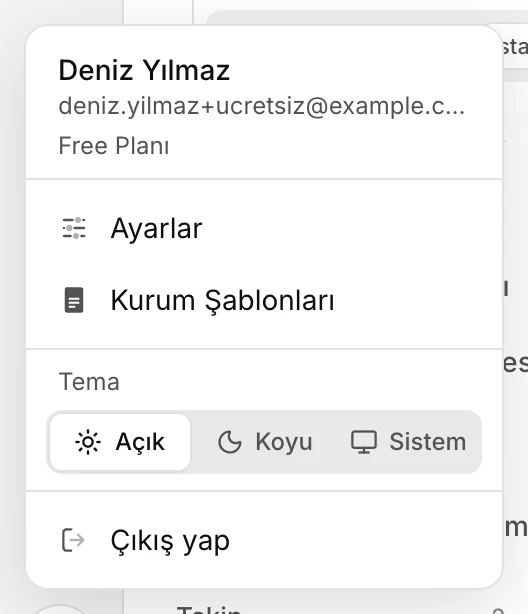 Hesap menüsü: ad, e-posta ve Free Planı satırı