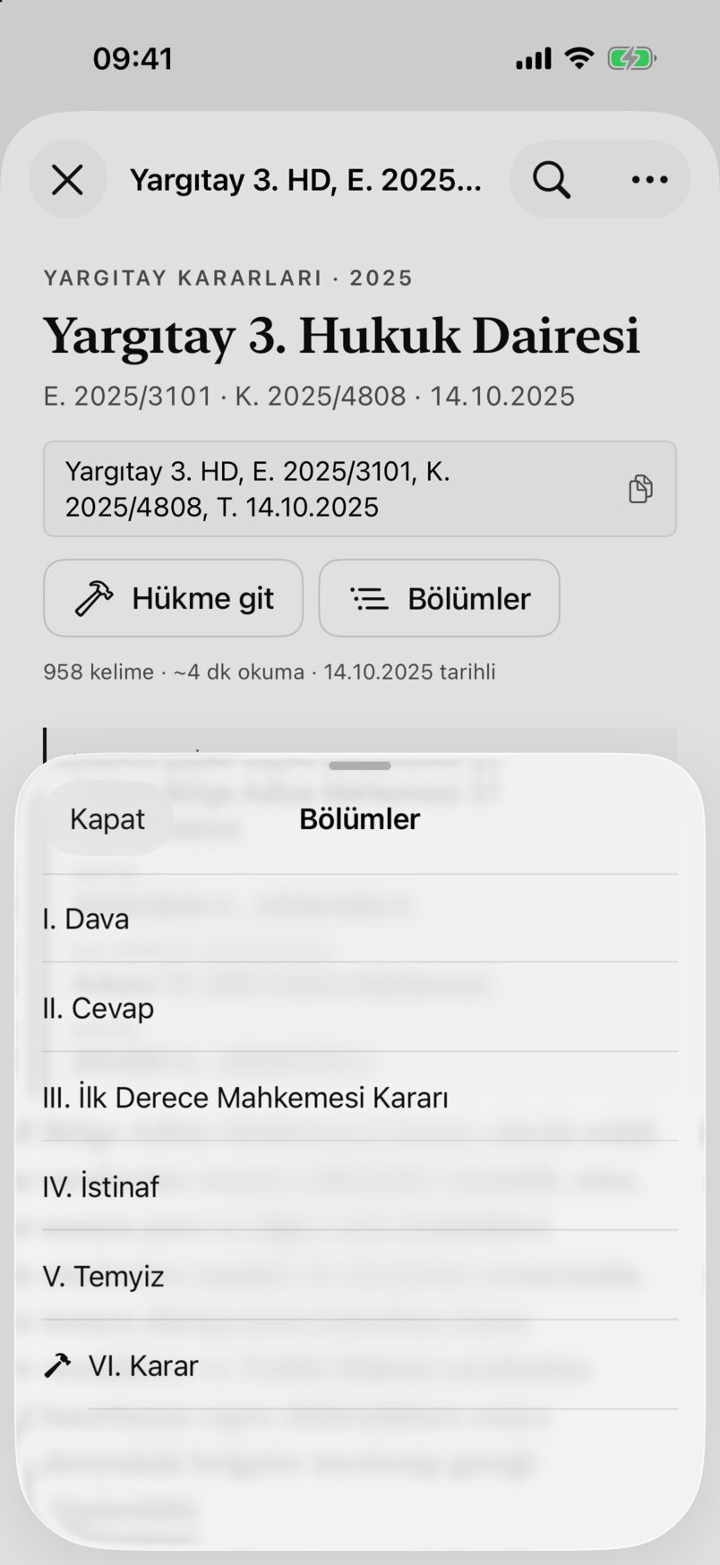 Bölümler sayfası: I. Dava, II. Cevap, III. İlk Derece Mahkemesi Kararı, IV. İstinaf, V. Temyiz ve çekiç simgeli VI. Karar