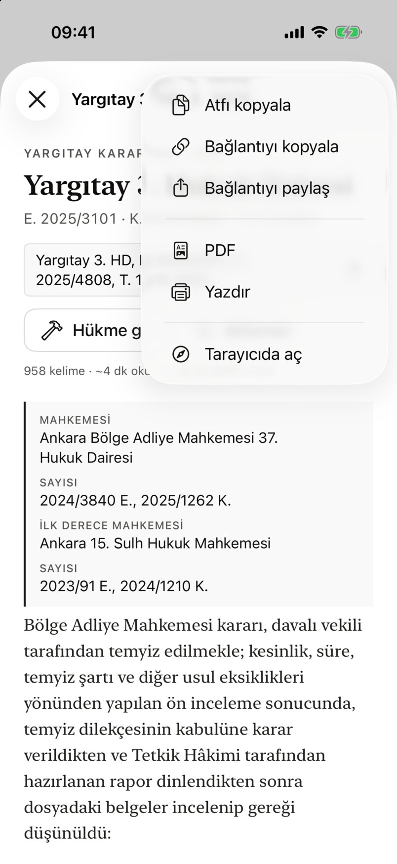 Diğer menüsü: Atfı kopyala, Bağlantıyı kopyala, Bağlantıyı paylaş, PDF, Yazdır, Tarayıcıda aç