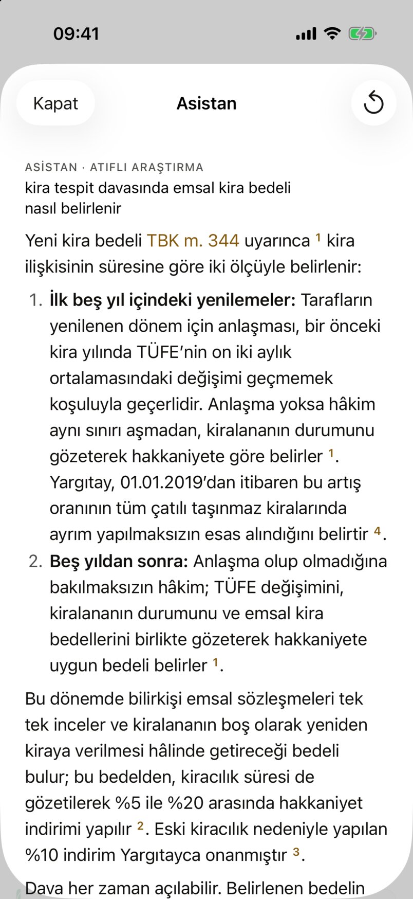 Asistan sayfası: 'ASİSTAN · ATIFLI ARAŞTIRMA' başlığı altında soru, TBK m. 344 bağlantısı ve atıf numaraları içeren yanıt