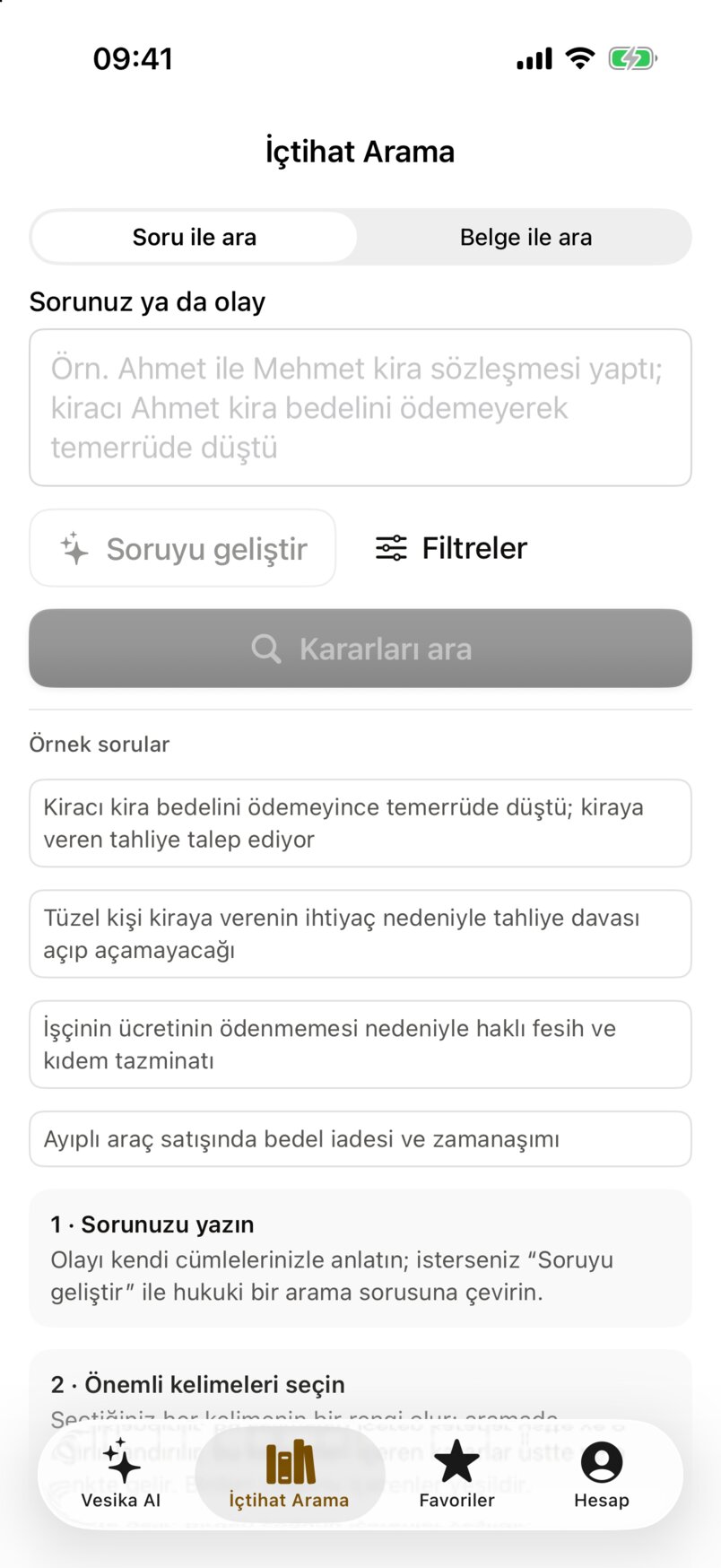 İçtihat Arama başlangıç ekranı: Soru ile ara / Belge ile ara seçici, soru alanı, Soruyu geliştir, Filtreler, Kararları ara ve örnek sorular
