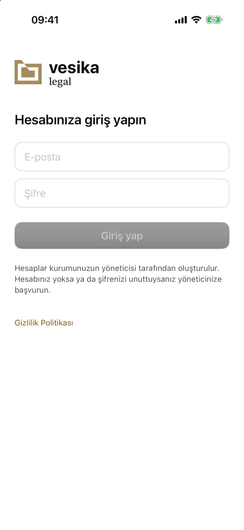 Vesika iPhone uygulamasının giriş ekranı: 'Hesabınıza giriş yapın' başlığı, E-posta ve Şifre alanları, Giriş yap düğmesi ve Gizlilik Politikası bağlantısı
