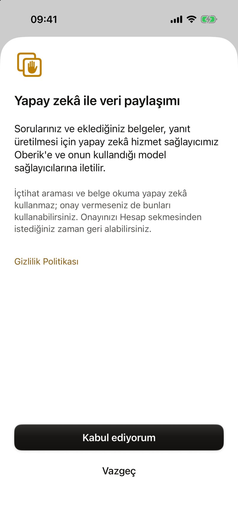 Yapay zekâ ile veri paylaşımı ekranı: açıklama metinleri, Gizlilik Politikası bağlantısı, Kabul ediyorum ve Vazgeç düğmeleri