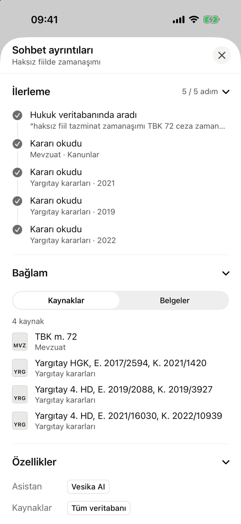 Sohbet ayrıntıları: İlerleme bölümünde tamamlanan adımlar, Bağlam bölümünde Kaynaklar listesi, Özellikler bölümü