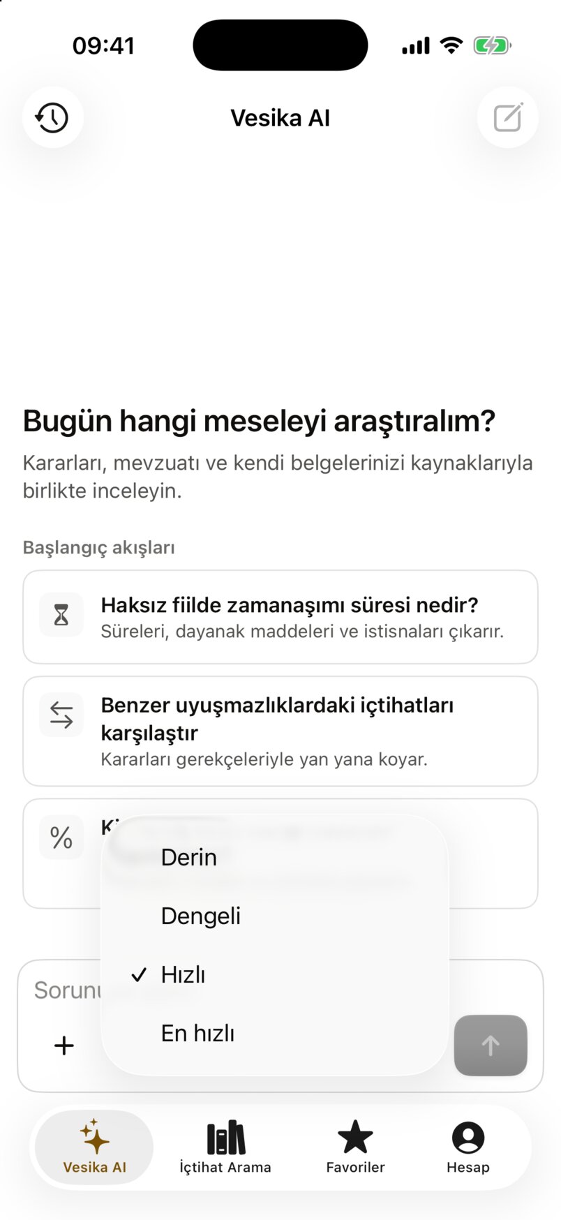 Düşünme düzeyi menüsü: Derin, Dengeli, Hızlı (işaretli) ve En hızlı