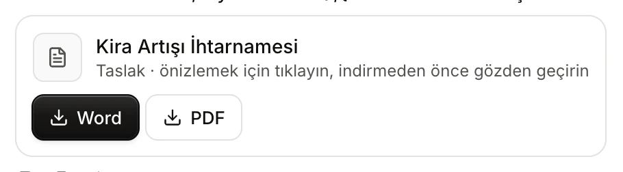 Belge kartı: Kira Artışı İhtarnamesi, altında Taslak notu, Word ve PDF indirme düğmeleri