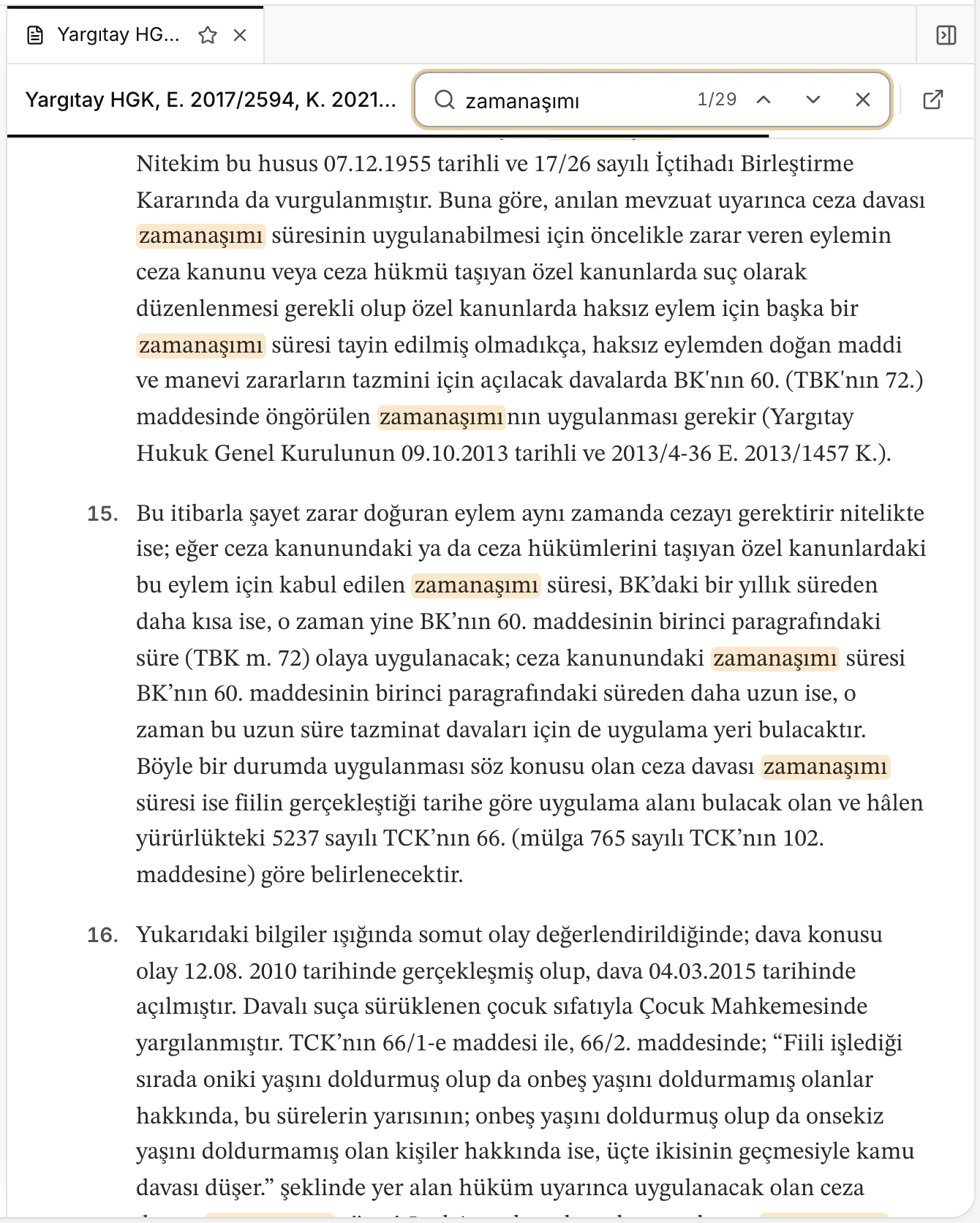 Yan paneldeki kararda zamanaşımı araması: 1/29 eşleşme, metinde vurgulanan kelimeler