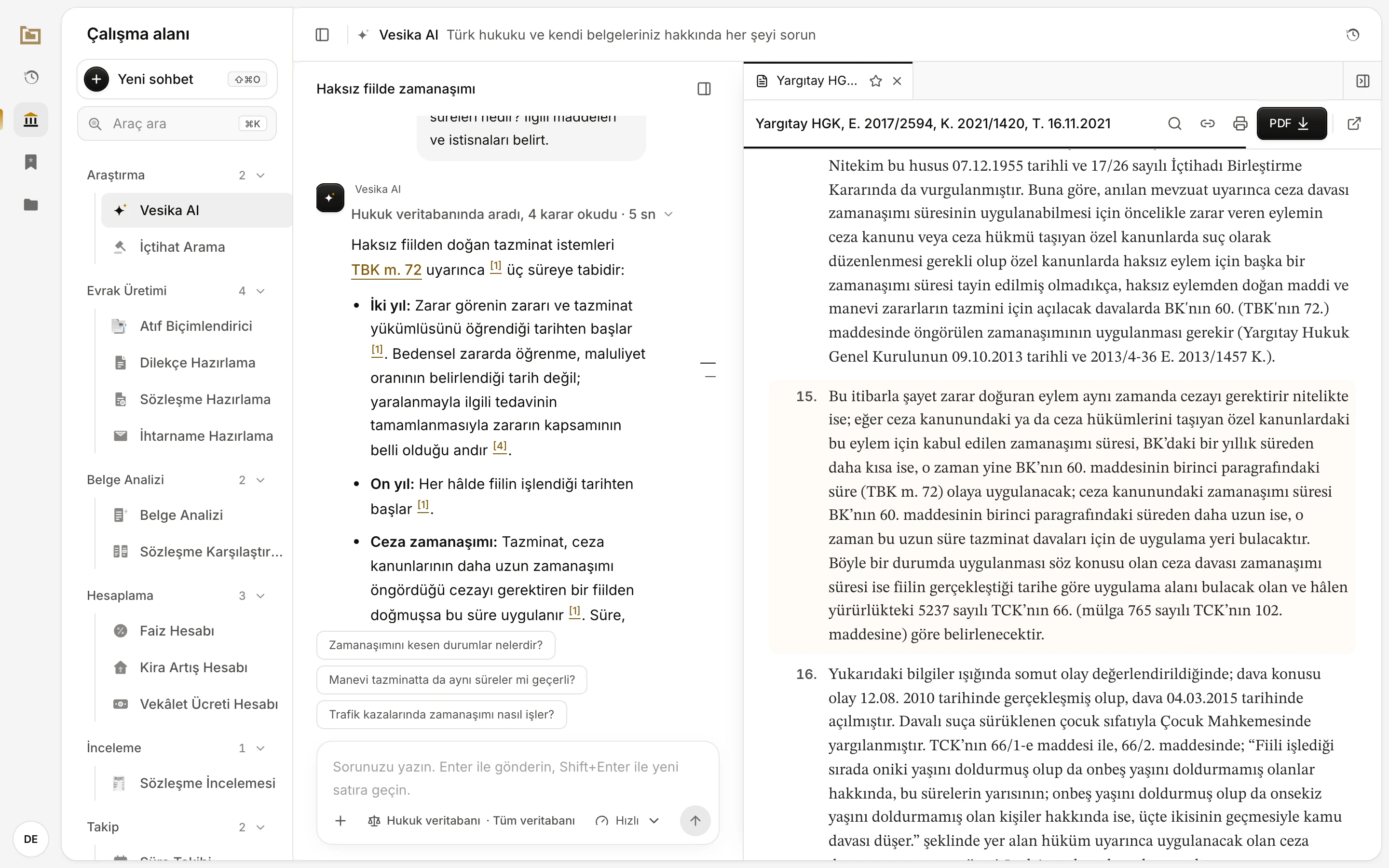 Yanıttaki atfa tıklanınca yan panelde açılan karar ve vurgulanan pasaj