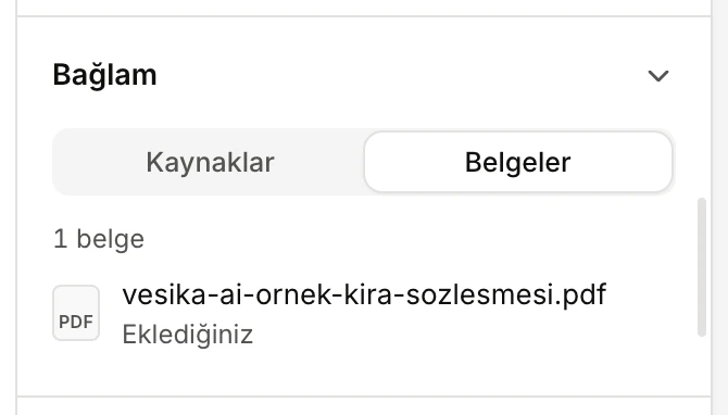 Bağlam bölümünde Belgeler sekmesi: bir PDF, altında Eklediğiniz yazıyor