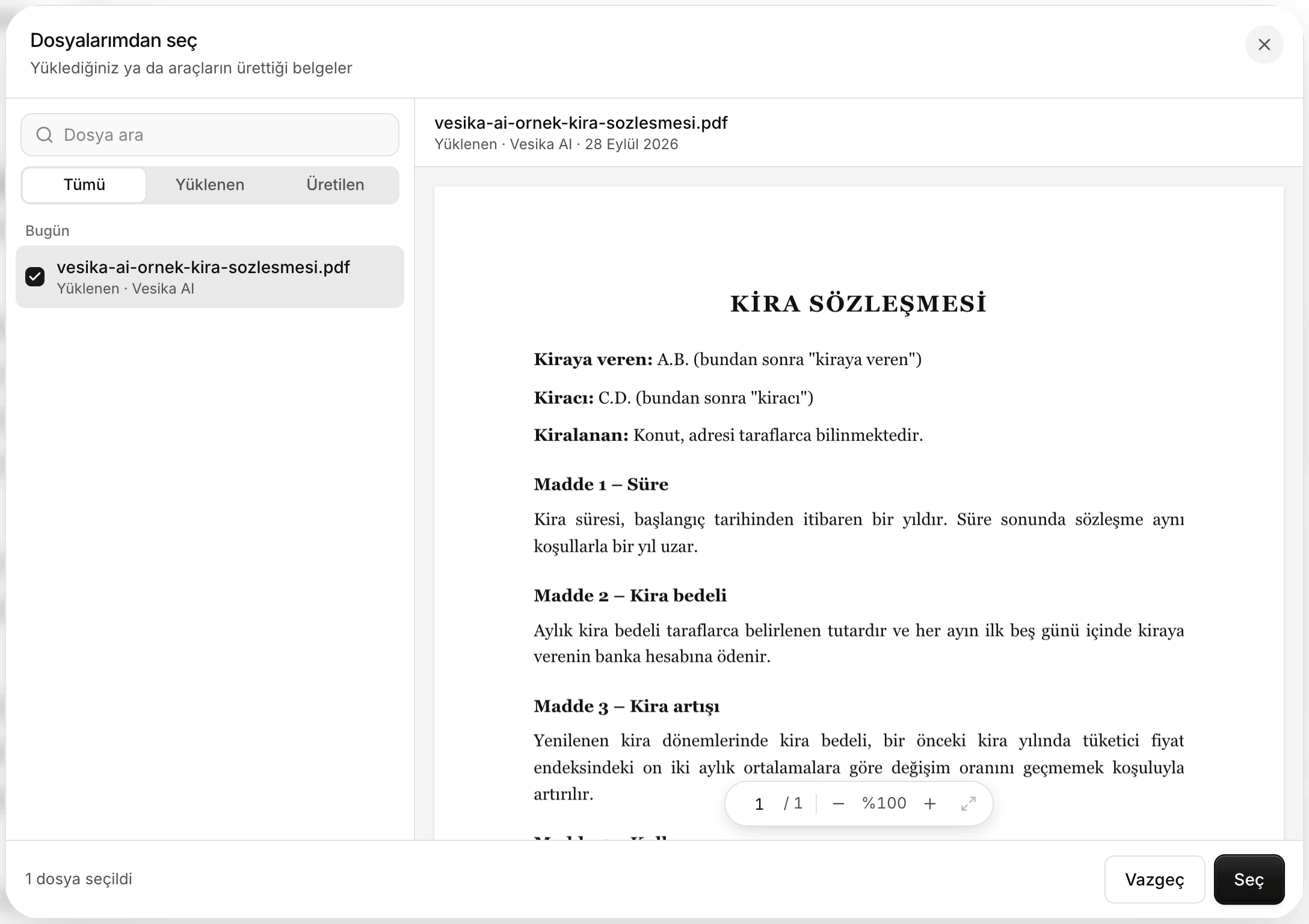 Dosyalarımdan seç penceresi: arama alanı, Tümü, Yüklenen ve Üretilen seçimi, dosya listesi ve seçili PDF'in önizlemesi